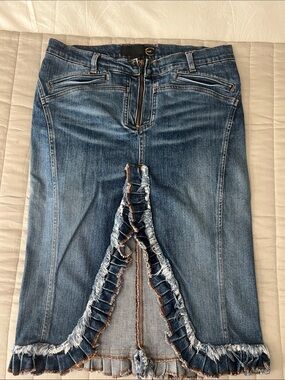 Just Cavalli Distressed Blue Denim Midi Skirt with Frayed Front Slit.
